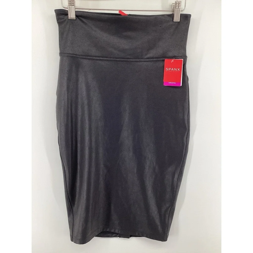 Spanx‎ Pencil Skirt Womens Large Black Faux Leather High Waist Pull On- NWT